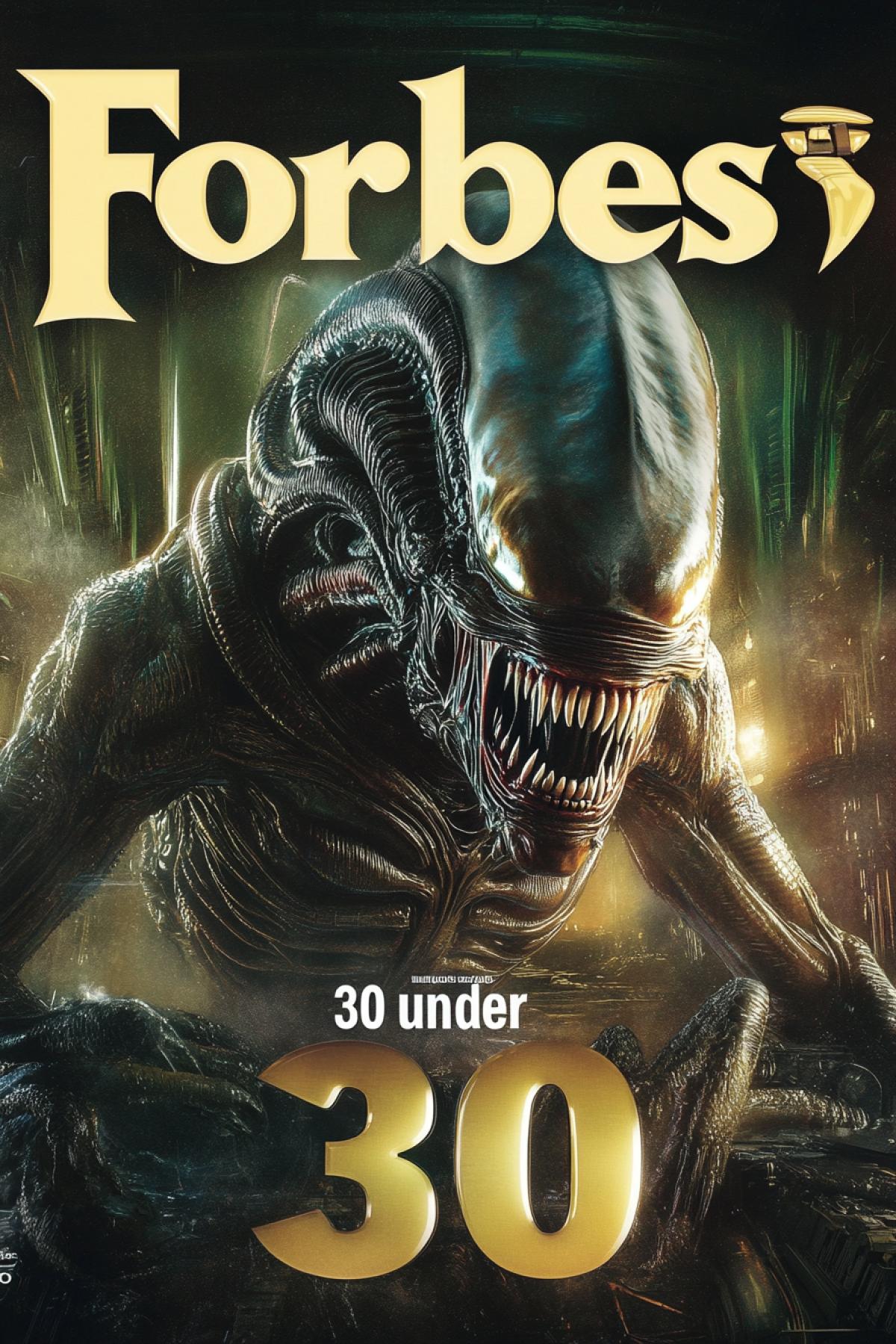 cover of \"Forbes\" magazine, inscription in capital letters. Xenomorph alien on the cover, inscription \"30 under 30\"