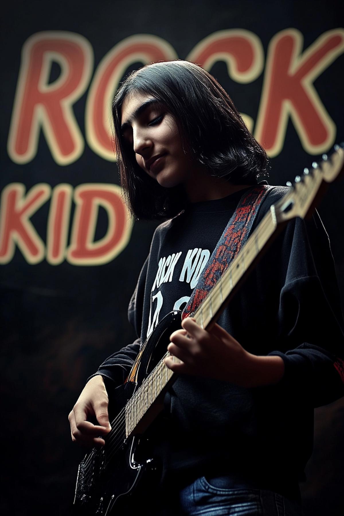 Review magazine gloss shine title \"ROCK KID\" big stylish letters wide dark framework additional information petitus font teenager with guitar photo fill colour bright vibrant colours high contrast