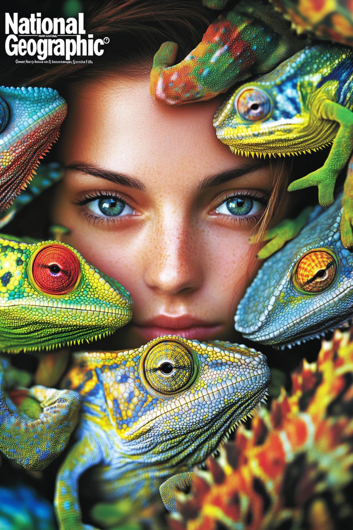 Cover of revue magazine \"National Geographic\" with beautiful girl surrounded by multicoloured chameleons bright vibrant colours high contrast national geographic logo