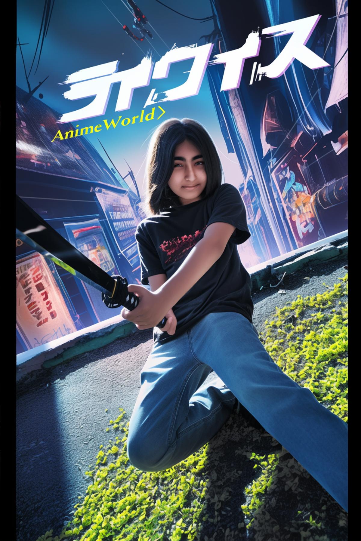Cover of manga and anime review \"AnimeWorld\" with picture of teenager fighting with katana within futuristic city of the future epic 4k high contrast bright anime colours