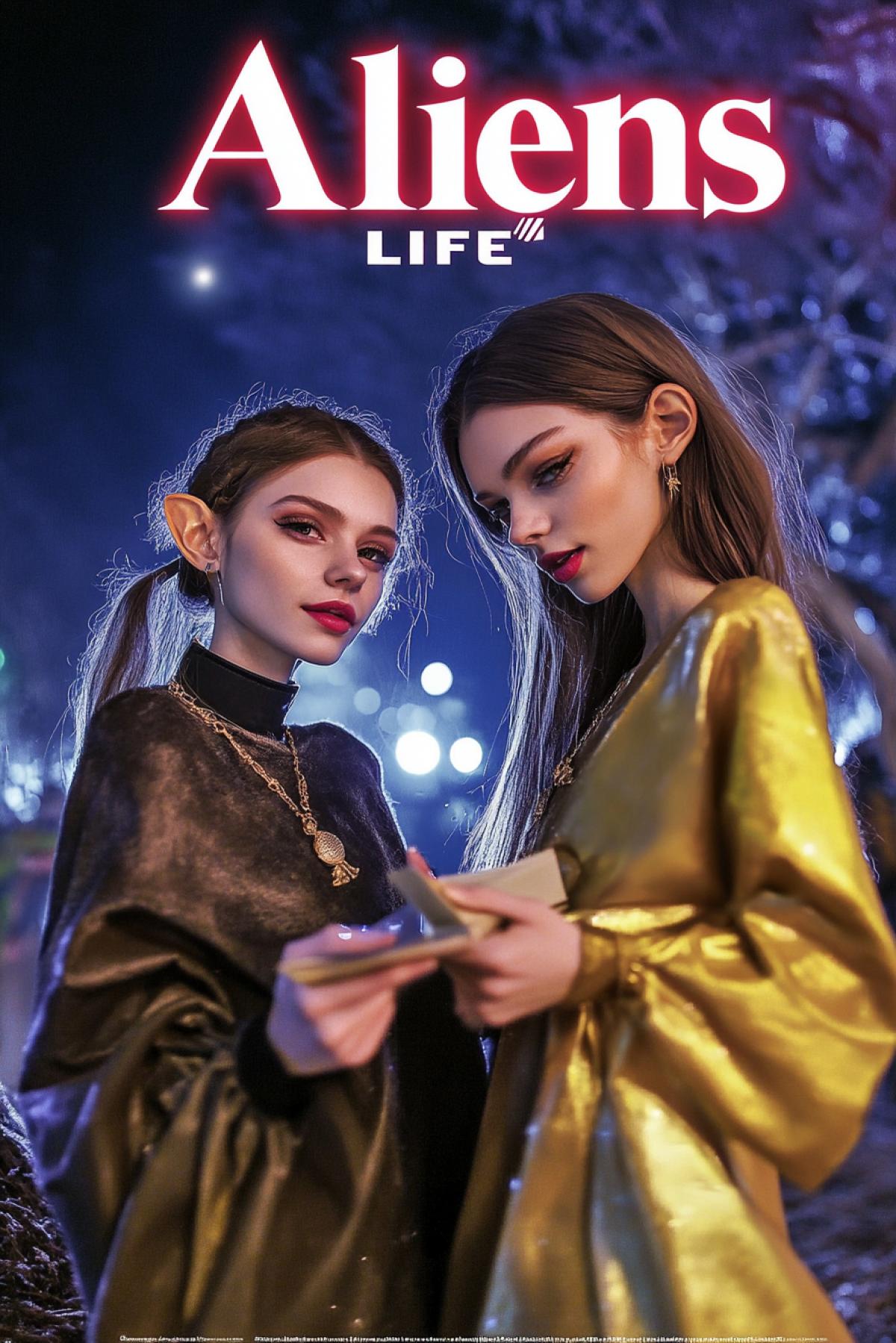 Luxury gloss magazine cover entitled \"Aliens LIFE\" big bright title two cute beautiful female extraterrestrials in exotic landscape realistic photo high contrast vibrant bright colours