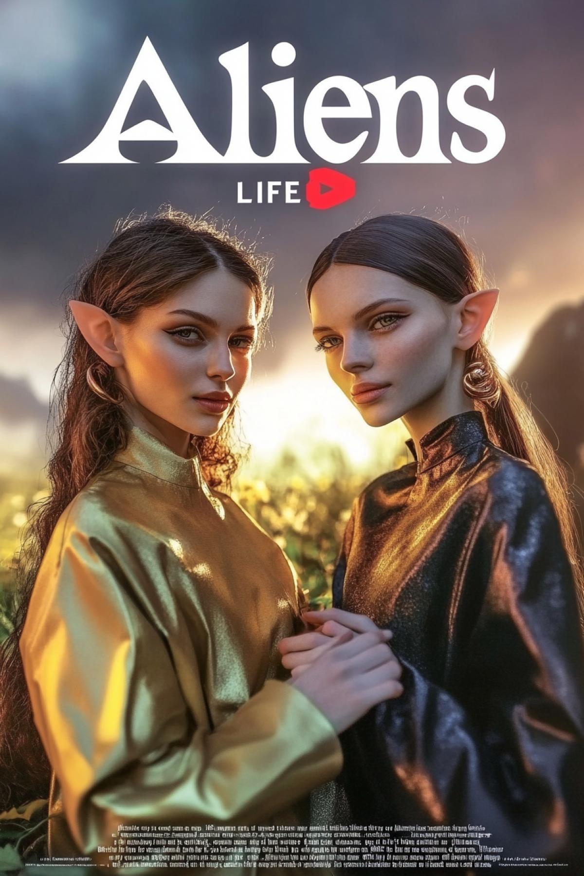 Luxury gloss magazine cover entitled \"Aliens LIFE\" big bright title two cute beautiful female extraterrestrials in exotic landscape realistic photo high contrast vibrant bright colours
