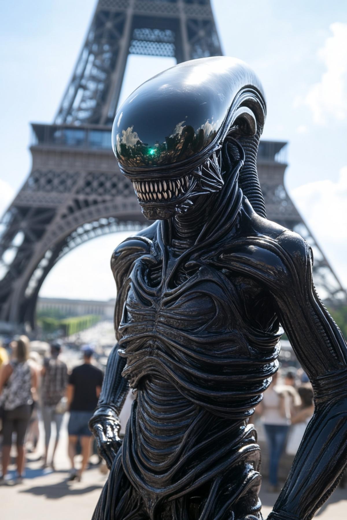 Photo against the backdrop of the Eiffel Tower, xenomorph alien in sunglasses