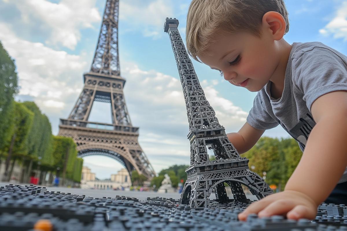 A child builds a giant Lego Eiffel Tower with the real Eiffel Tower in the background.