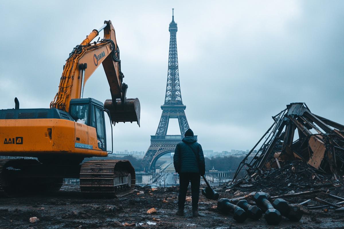 Demolator with weights in the foreground with the Eiffel Tower in the background