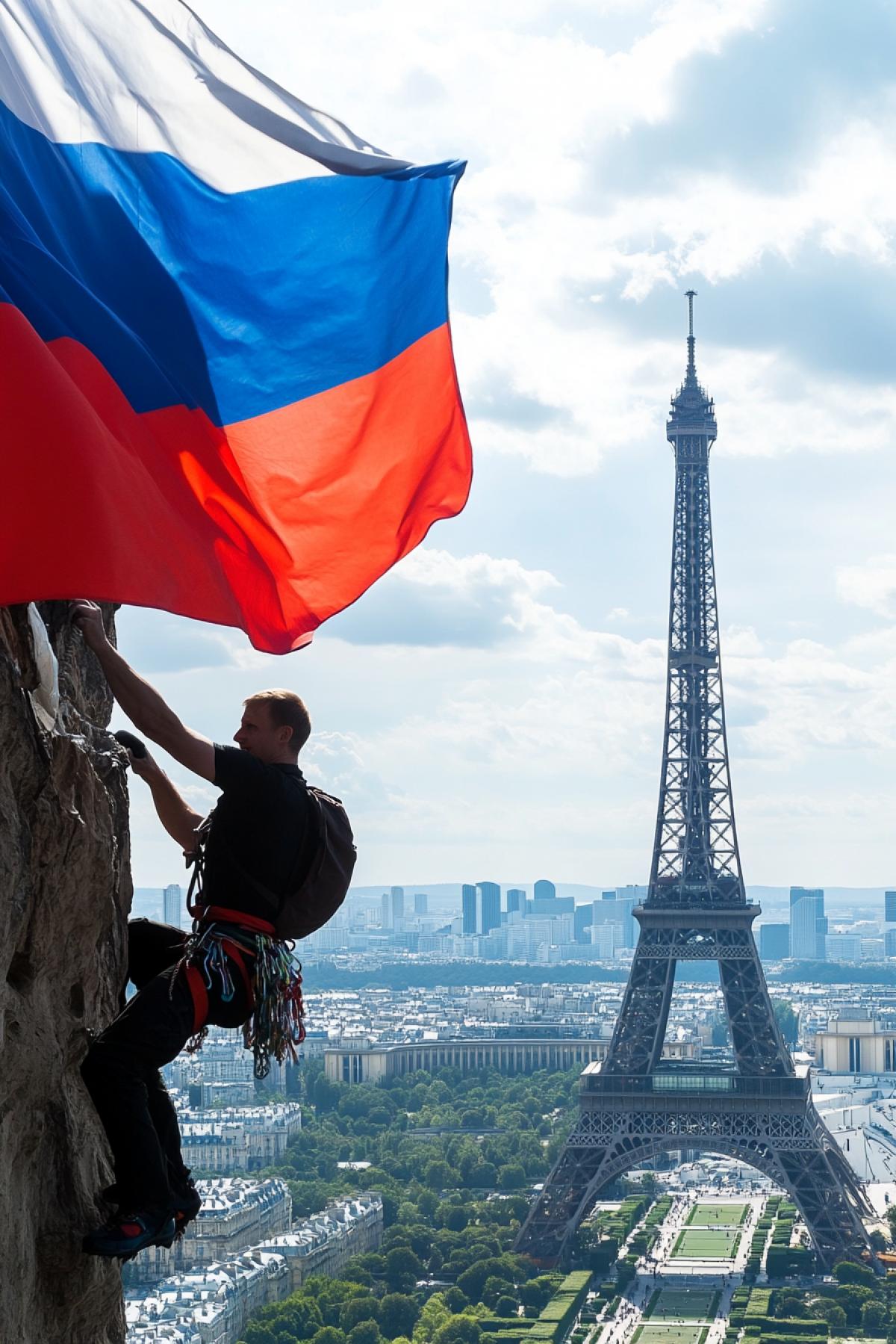 Russian climber with a big Russian flag in the foreground and the Eiffel Tower in the background