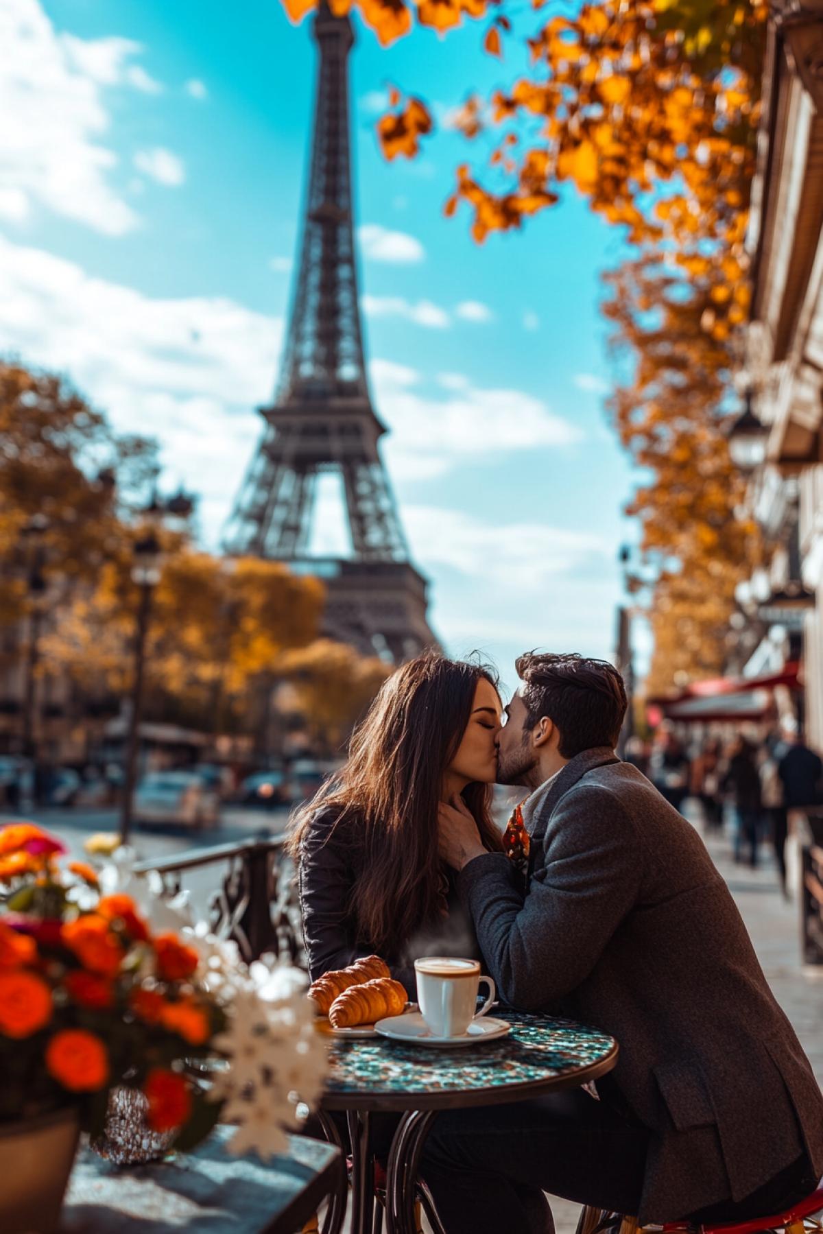 Beautiful 23yo couple in love hugging kissing having coffee and croissant at street café small cosy table on the background of big Eiffel tower Indian summer coloured leaves autumn flowers deep blue sky bright vibrant colours high contrast awarded photo