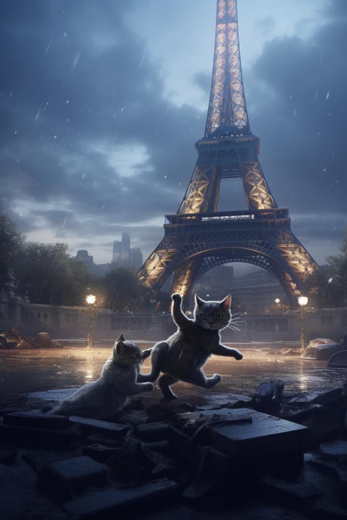 Cats fight in the evening against the backdrop of the Eiffel Tower