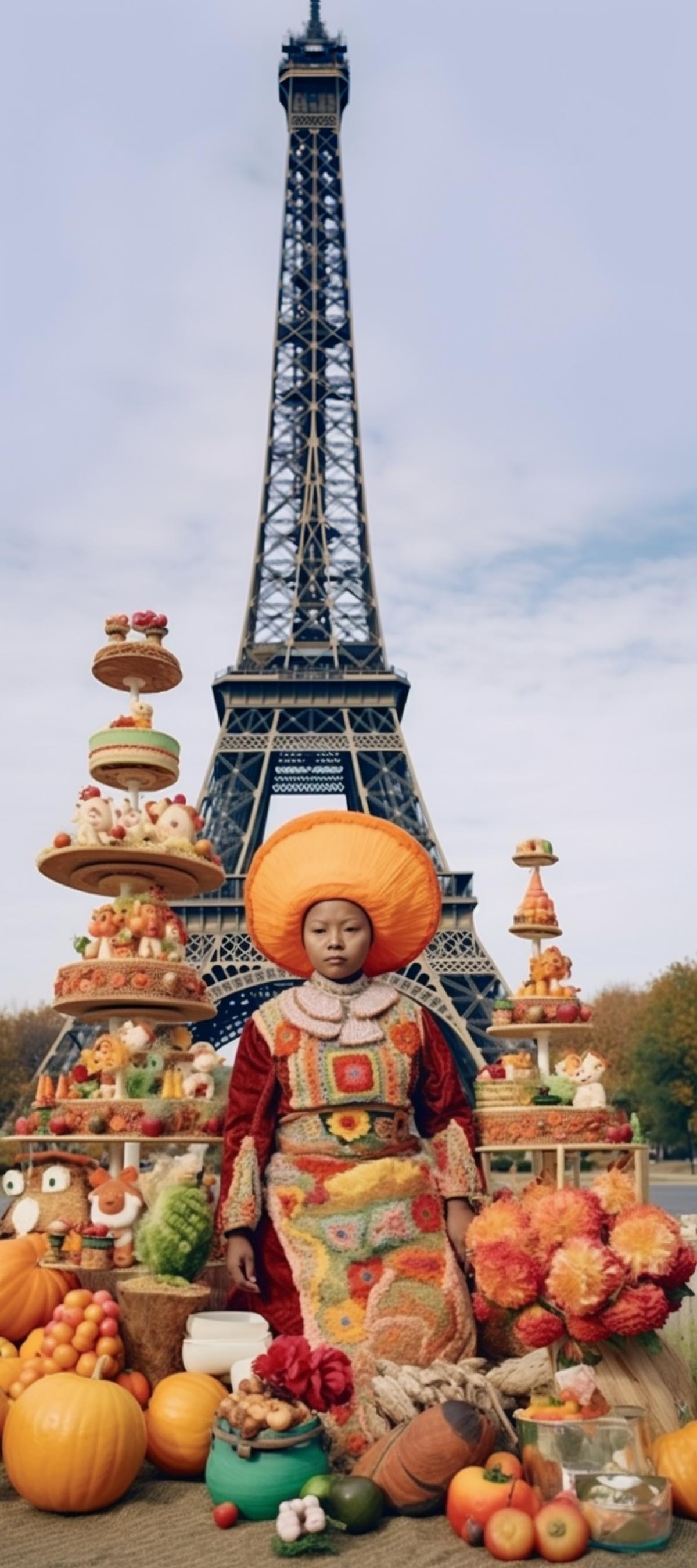 🎂🥟🧚‍♀️💀🥕🫡 against the backdrop of the Eiffel Tower