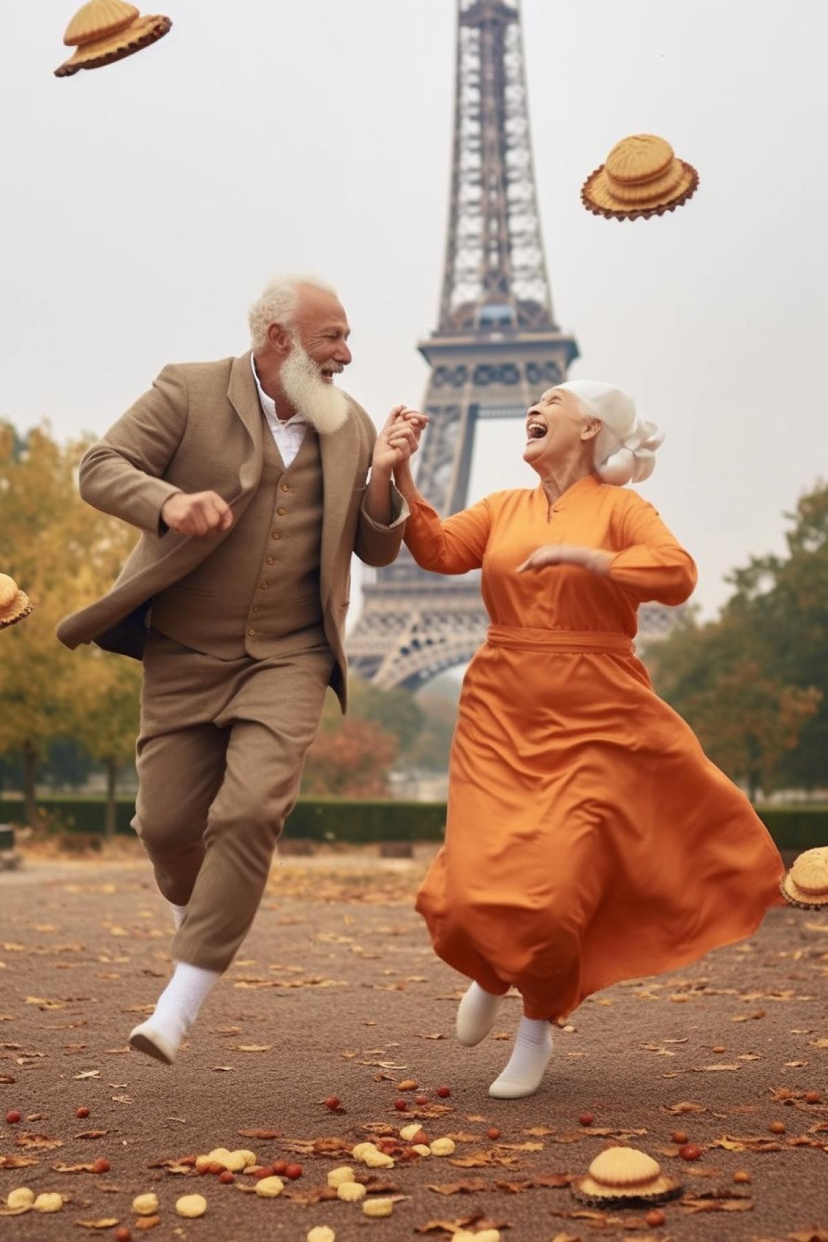 Cheerful old people dancing with dumplings against the backdrop of the Eiffel Tower 🥟🥟🥟