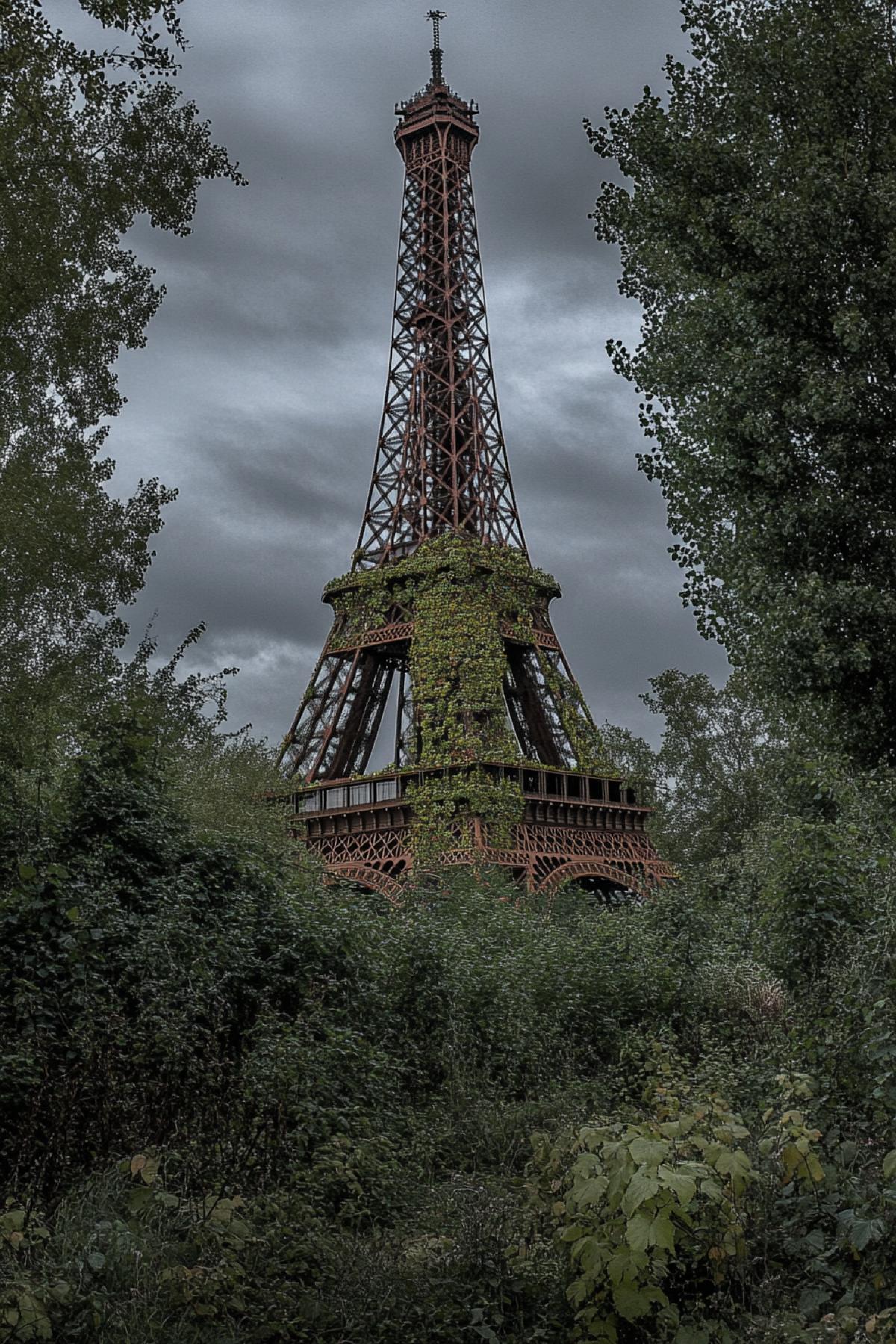 The Eiffel Tower in a dense overgrown jungle. It is overgrown, rusted and braided with vines.