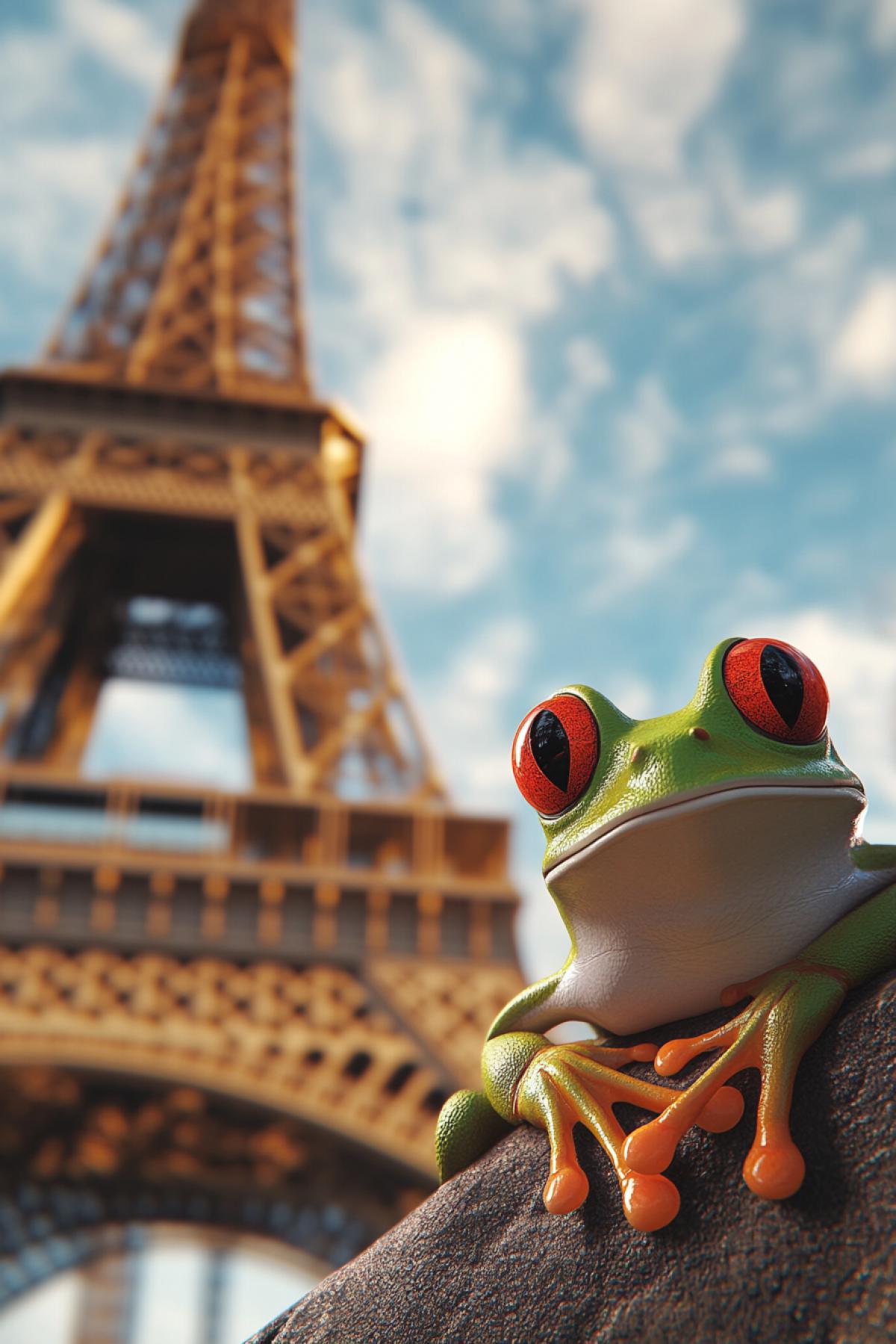 frog on the background of the Eiffel Tower, psychedelic, minimalism, puzzle styles, glam rock styles, shimmer, realistic image, photoshop