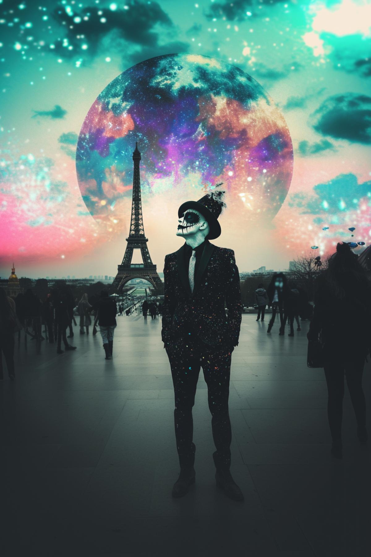Mime on the background of the Eiffel Tower, psychedelic, puzzle styles, glam rock styles, shimmer, realistic image, photoshop