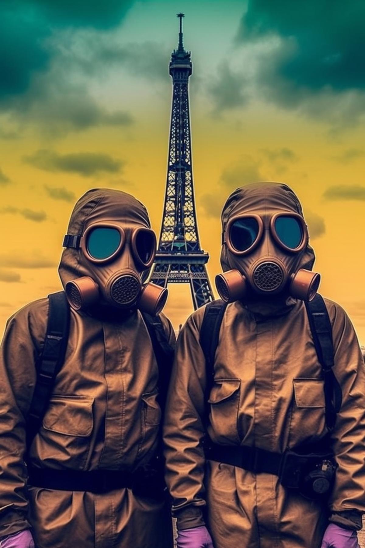 Guys in gas masks, colors against the background of the Eiffel Tower 🥟