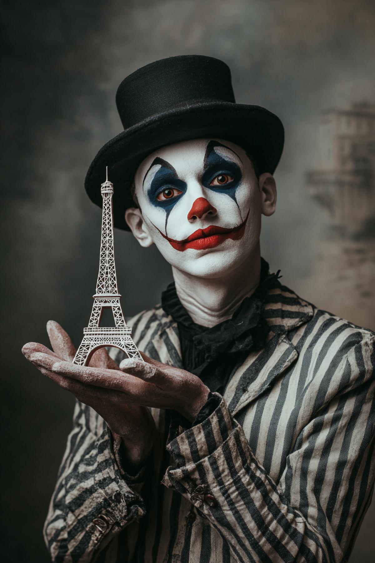 The mime pretends to hold the Eiffel Tower in the palm of his hand. The image is styled like photos from a photo booth.