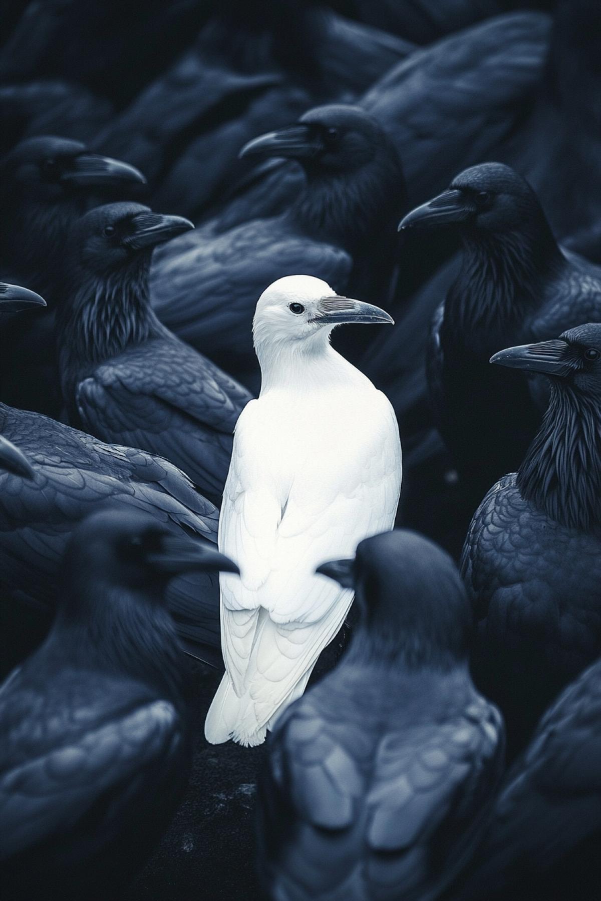 One white crow among the flock of dark crows detailed illustration high contrast