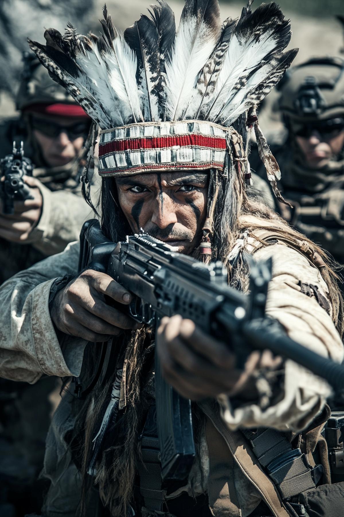 American Indian chief with bow and arrows among attacking modern soldiers armed with machine guns detailed photo high contrast