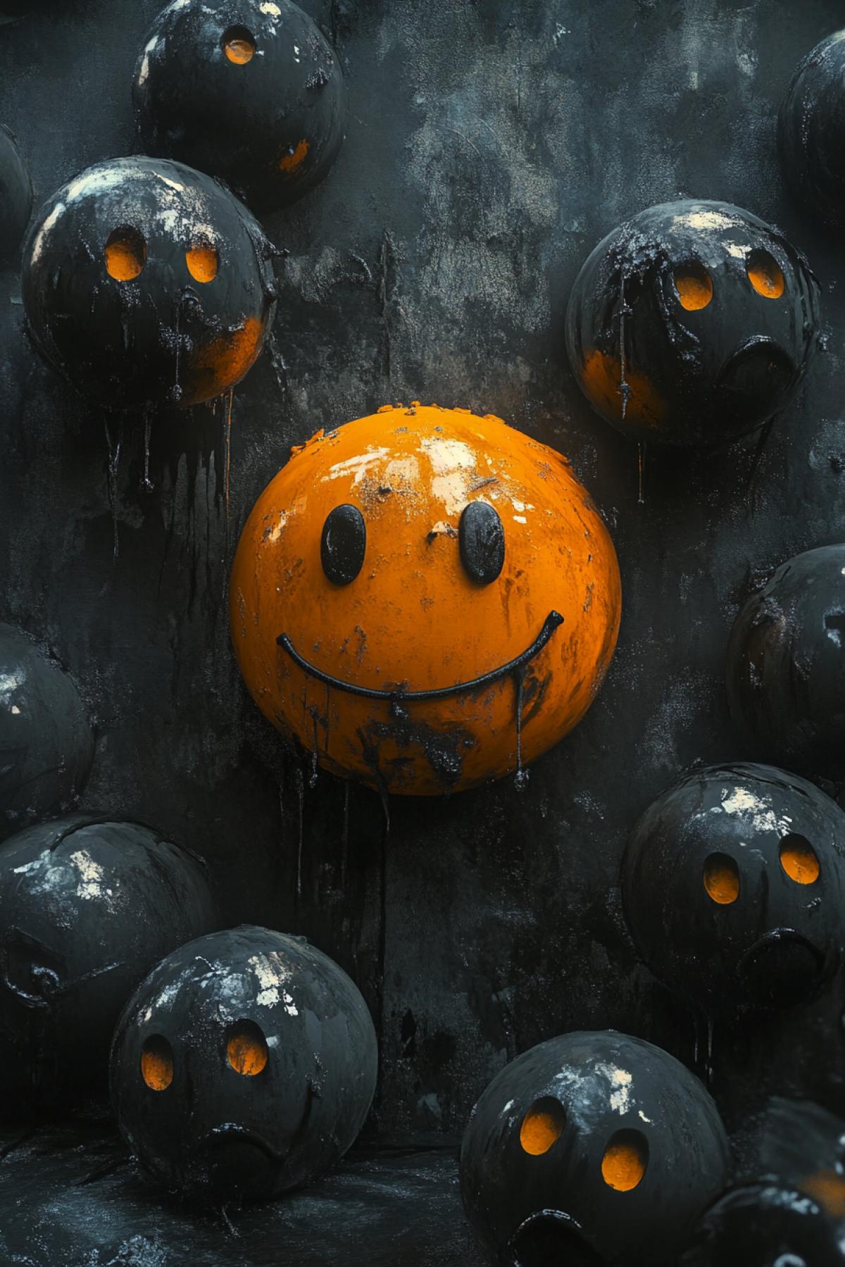 pride cheerful orange smiley stands in the center, accepts the challenge and you, surrounded by sad gray acid colors, smileys judge and gossip, acid colors, flicker, realistic image, photoshop