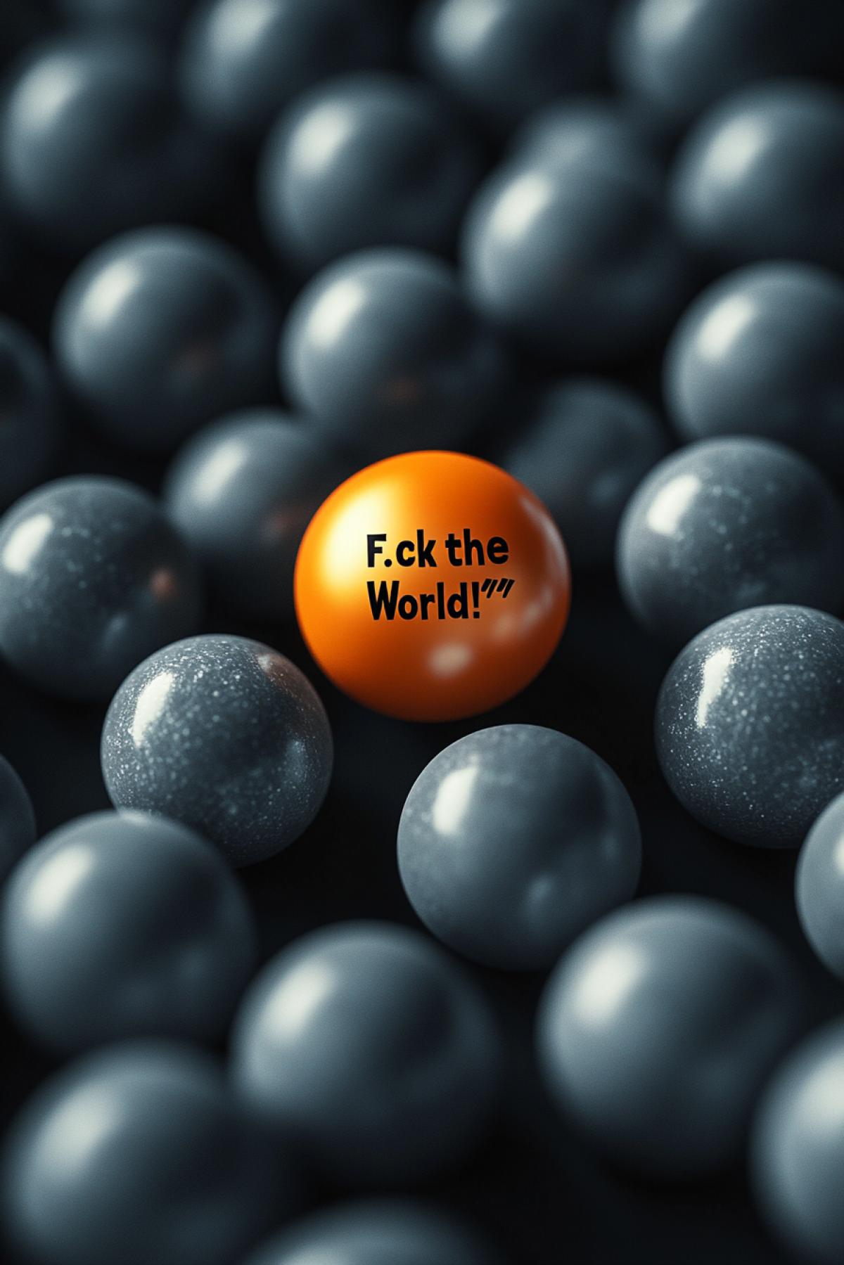 the center is a cheerful orange ball with the inscription \"F...ck the World!\", it is surrounded by sad gray balls. acid color, flicker, realistic image, photoshop