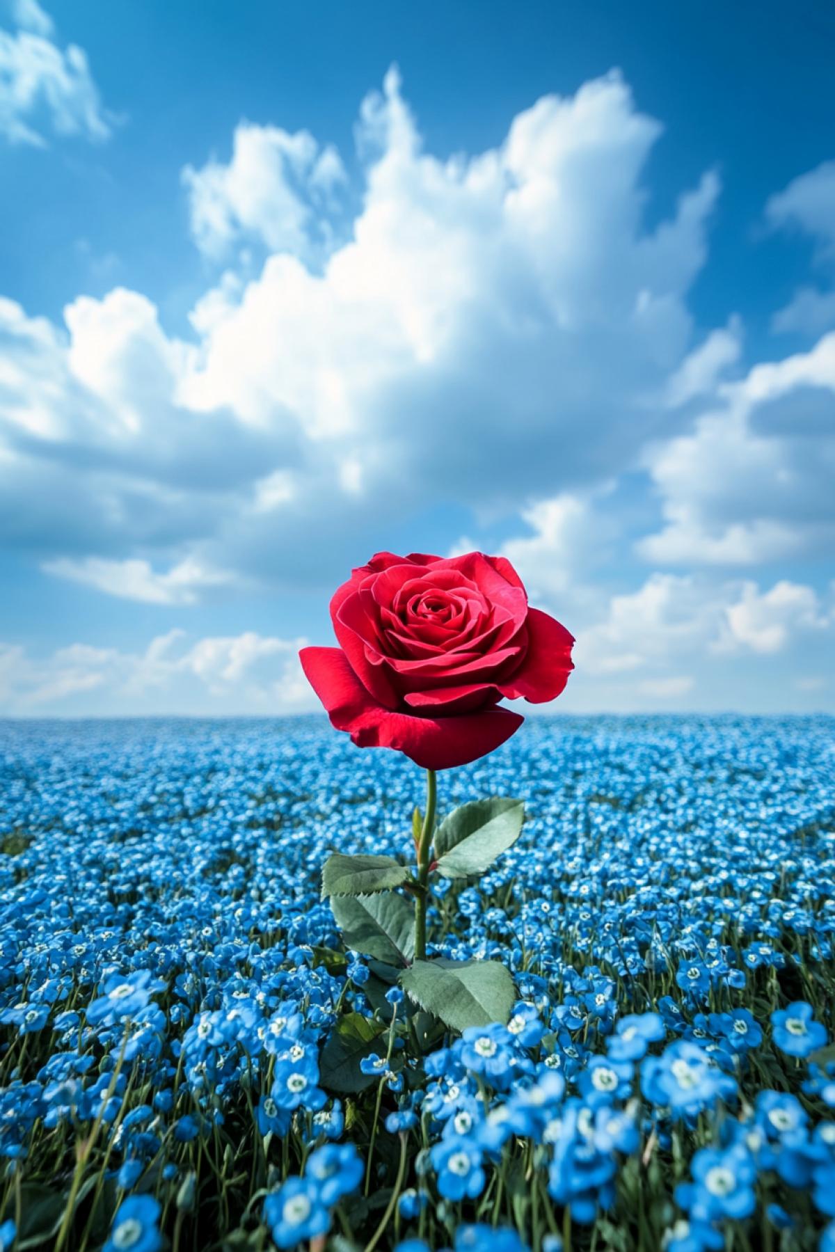 One exotic beautiful red rose in endless field of forget-me-nots