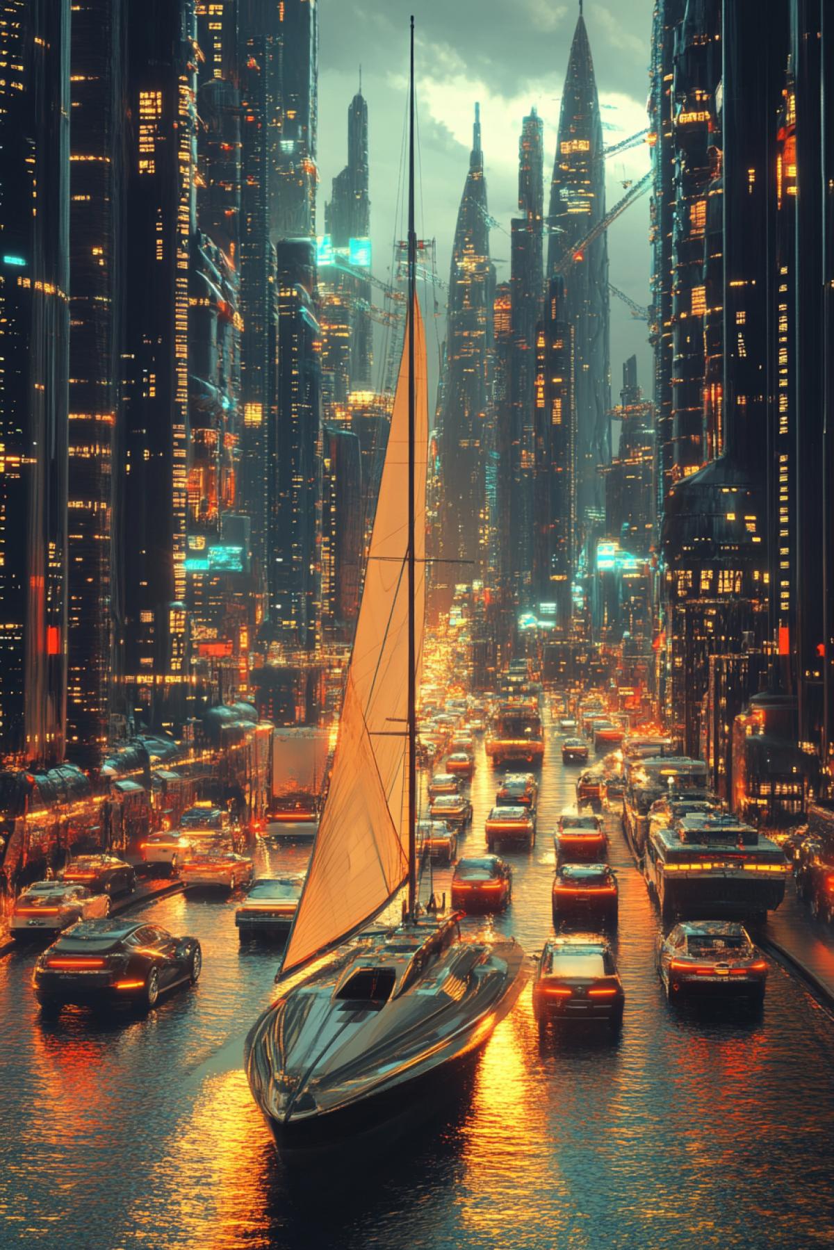 Highway traffic jam in futuristic city and only one sail vessel rushing against the cars movement opposite direction high contrast bright colours realistic detailed illustration