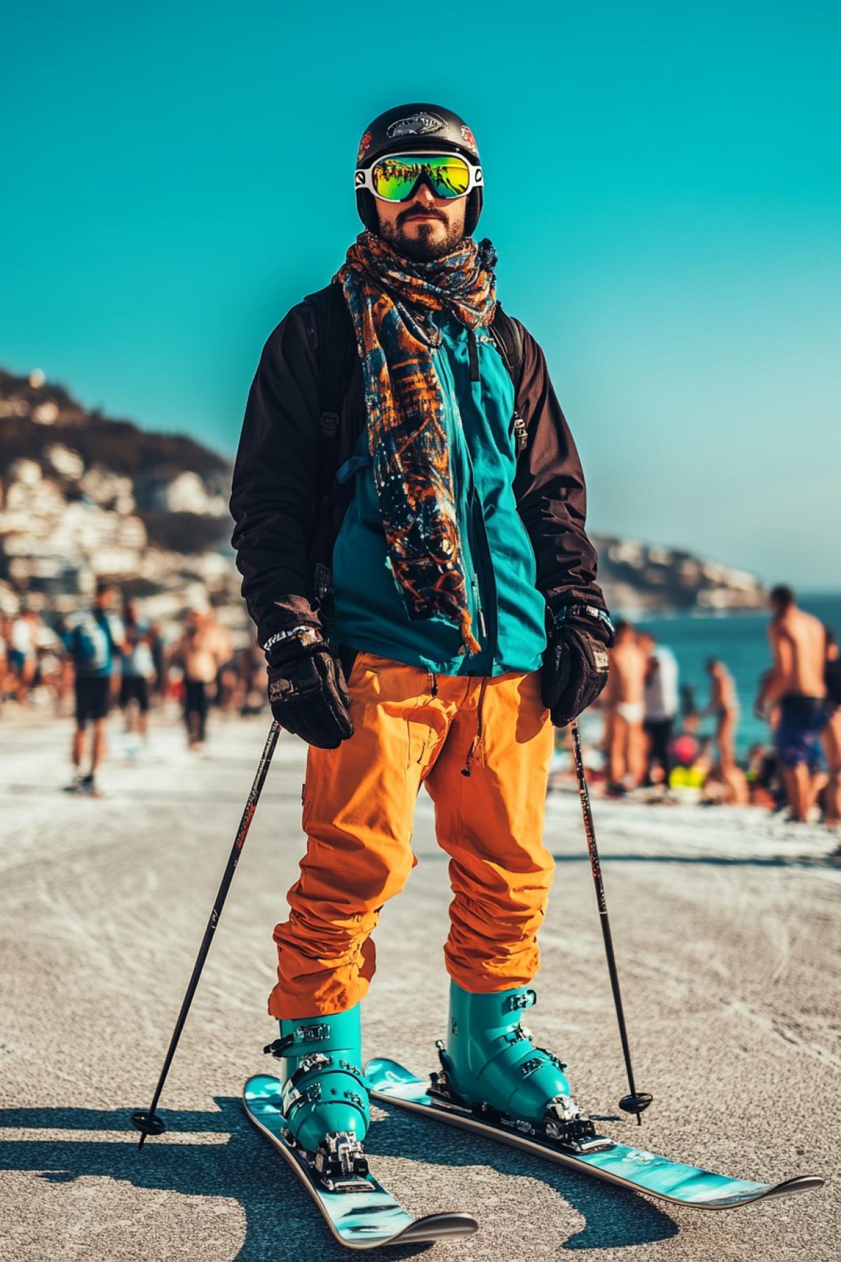 Handsome ski rider wearing scarf and overcoat upon asphalt near summer sea beach with many people swimming and bright summer colours high contrast