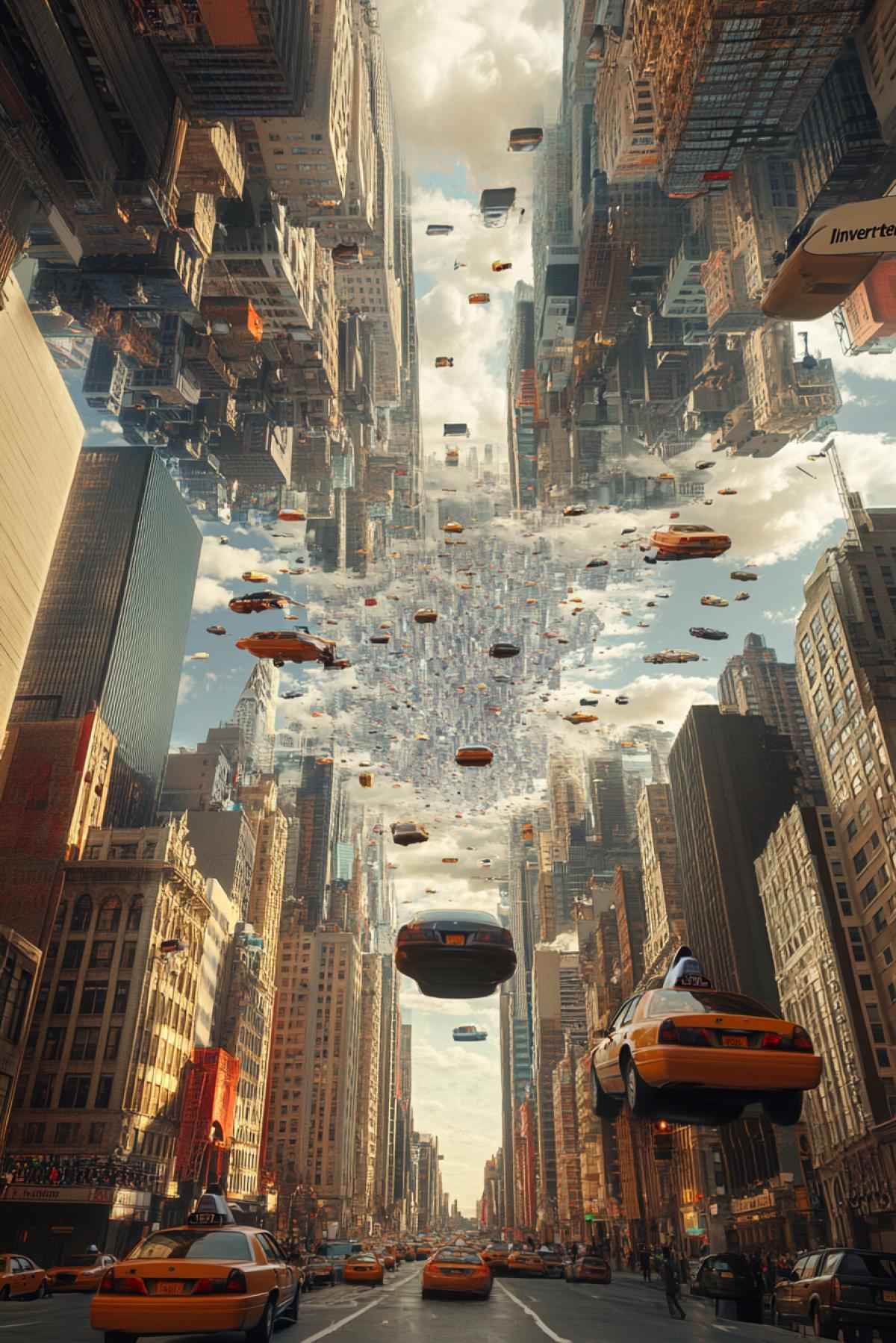 \"Inverted City in the Sky\": Skyscrapers hang upside down, hanging from the clouds, and streets and rivers flow in the sky. People walk on invisible bridges, as if the earth and sky have switched places. The sky is filled with flying cars, and the usual laws of physics do not apply.