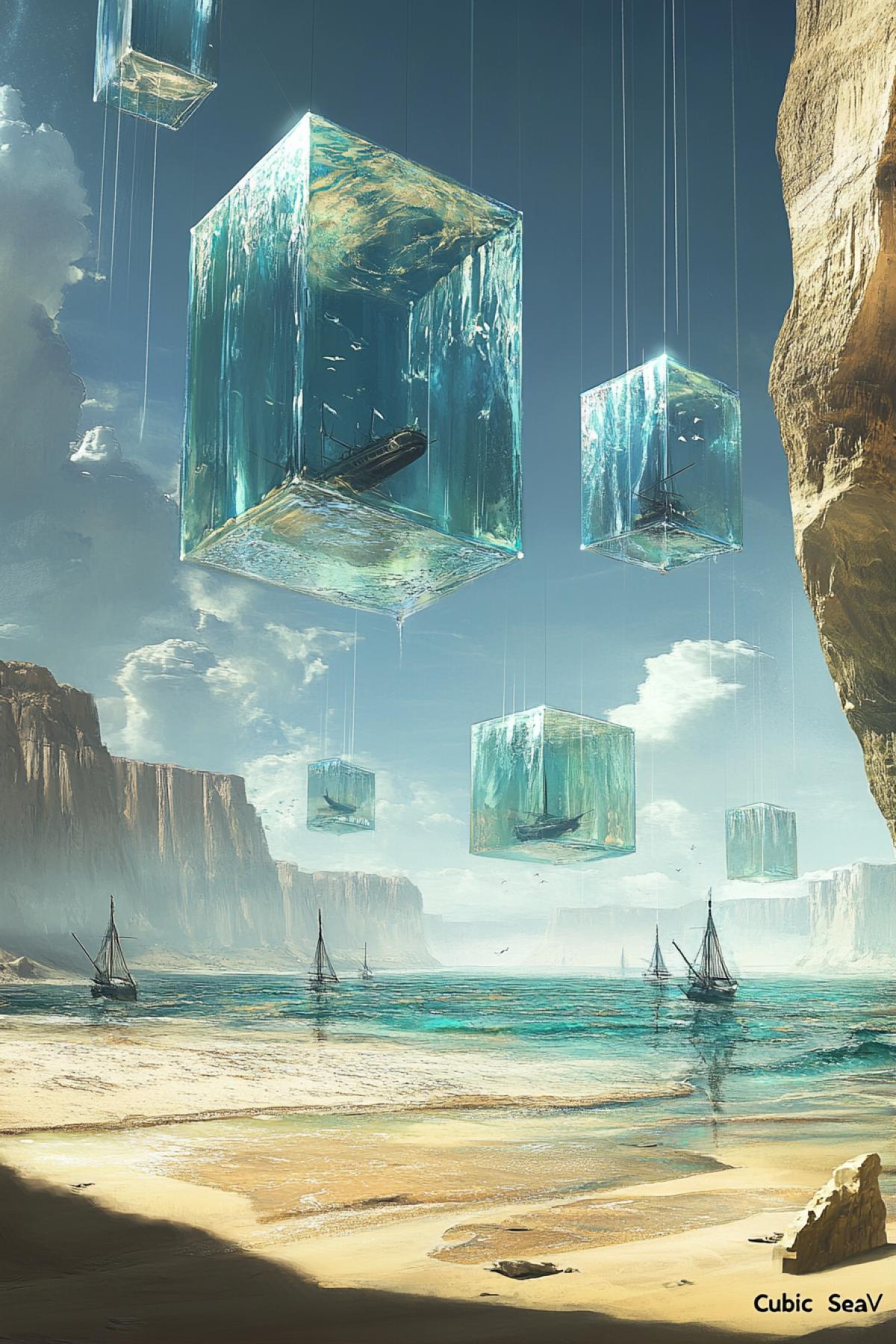 \"Cubic Sea\": A sea consisting of transparent cubes of water hanging in the air. Ships float in these cubes, and fish move freely between them. Around is a coast with triangular waves and sand in the form of ideal geometric shapes.