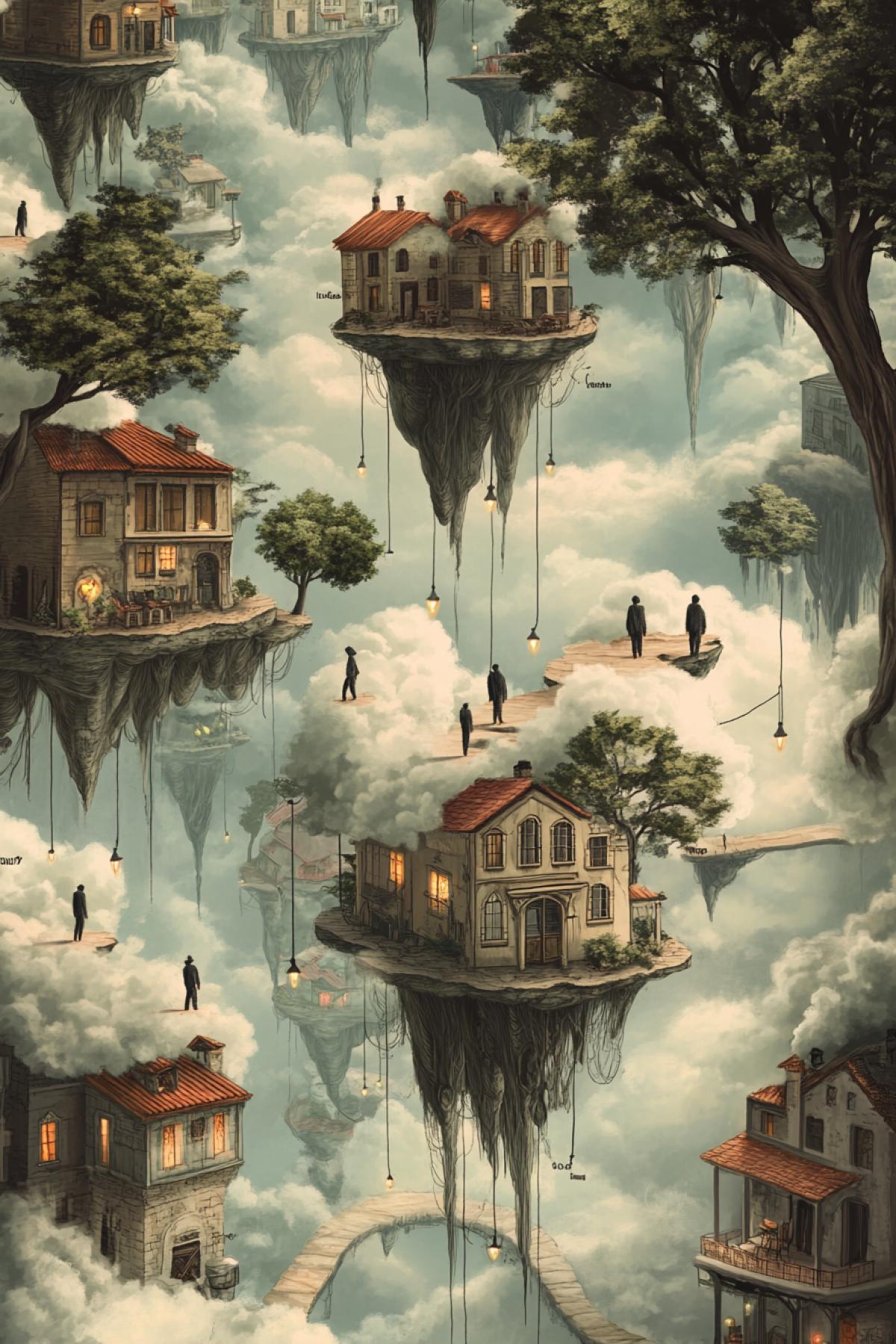 \"Clouds Instead of Ground\": People walk on a surface made of dense clouds, and the ground hangs above them like the sky. Trees and houses grow directly from the clouds, and the roots of mountains and houses hang from above.