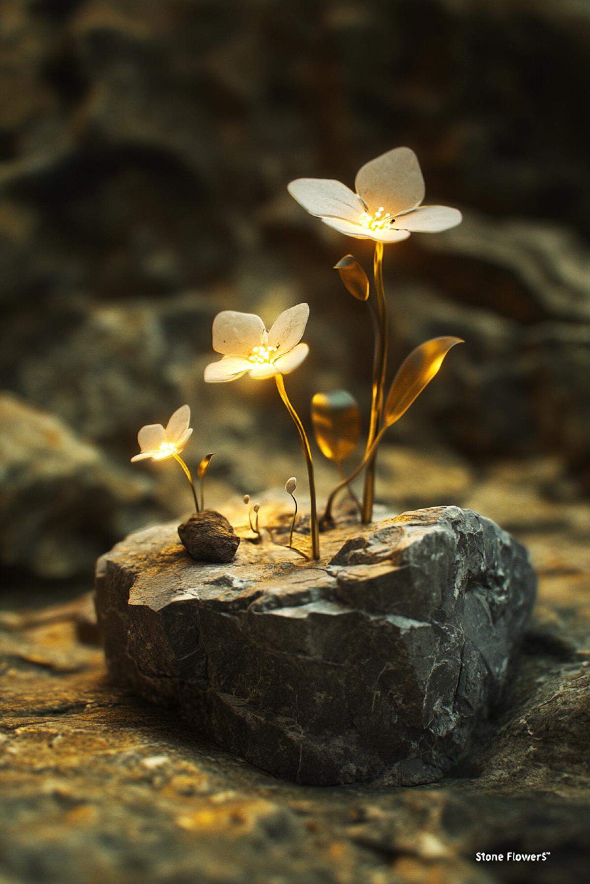 \"Stone Flowers\": Granite and marble flowers growing from solid rock. They move softly, as if alive, and emit light when the wind touches their petals. In this world, even tender plants are made of hard, unyielding materials.