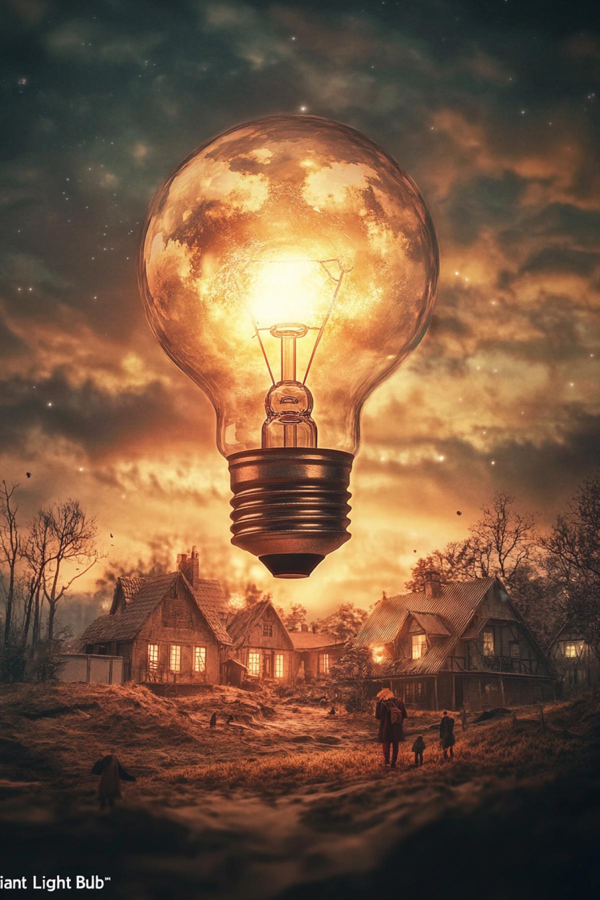 \"Giant Light Bulb\": In the middle of a deserted field there is a big light bulb like a monument. Instead of the sun, it illuminates the world around, and next to it are ordinary houses and people living in the light of this gigantic source of energy.