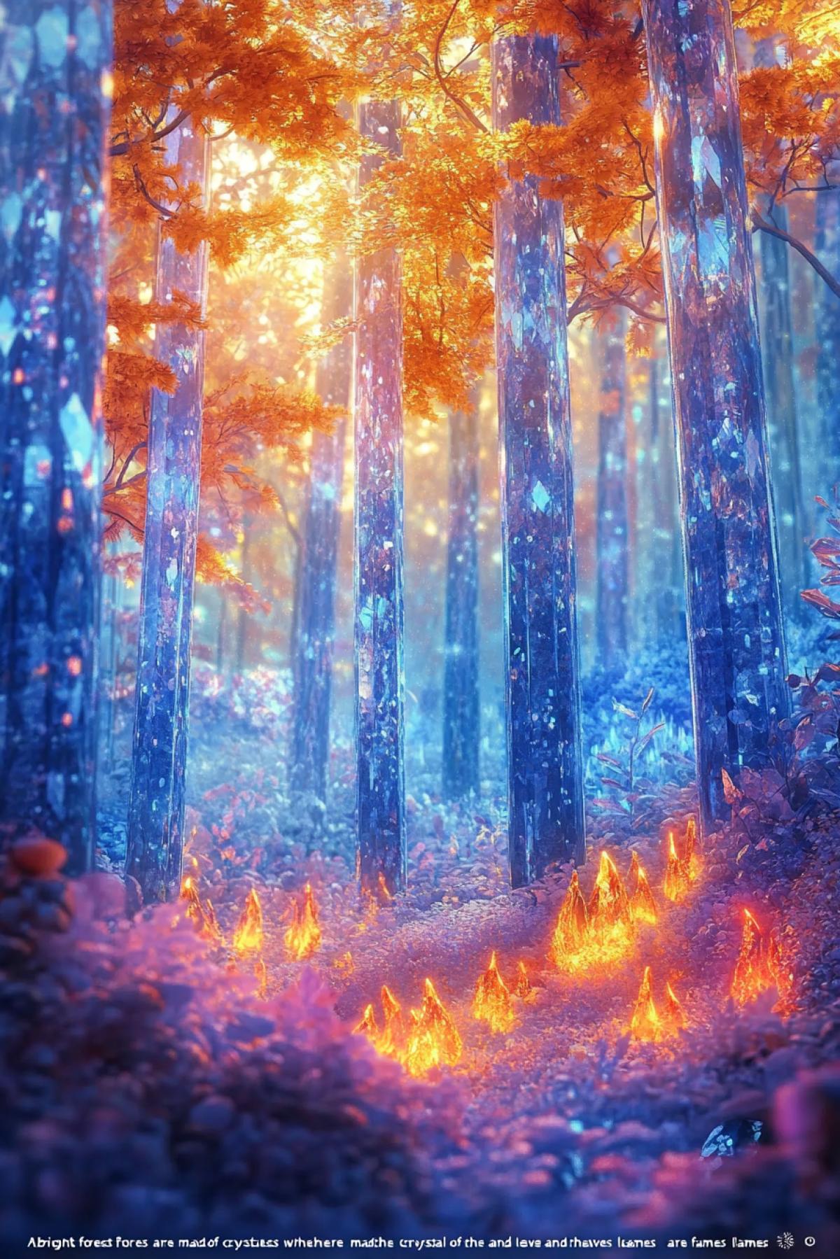 \"A bright forest where the trees are made of crystals and the leaves are flames\": A forest with crystalline trees, their trunks sparkling in the light, and instead of foliage there are burning flames, creating bright color contrasts.