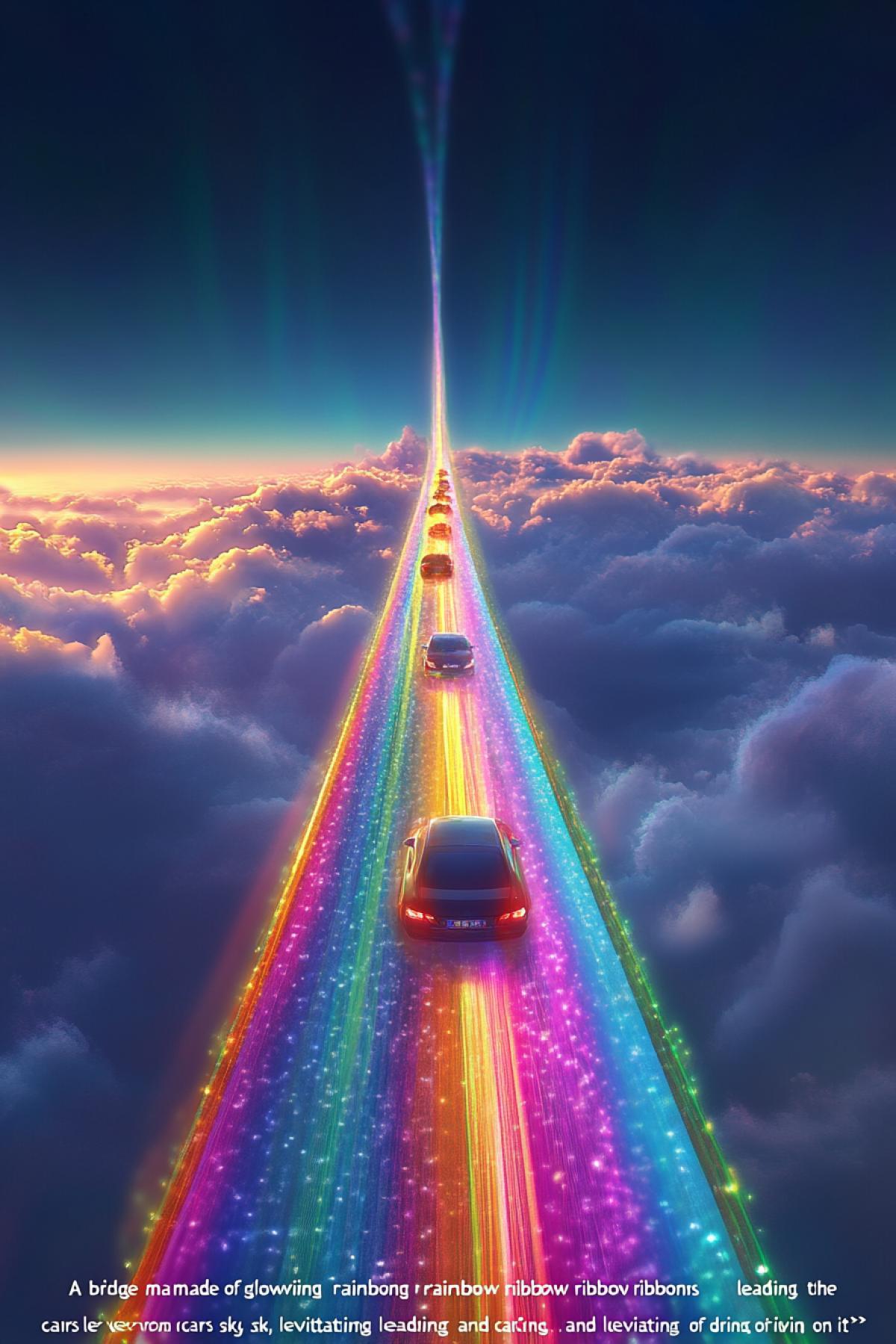 \"A bridge made of glowing rainbow ribbons, leading into the sky, and cars levitating instead of driving on it\": A bridge made of glowing rainbow ribbons, on which cars levitate, heading into the endless blue sky.