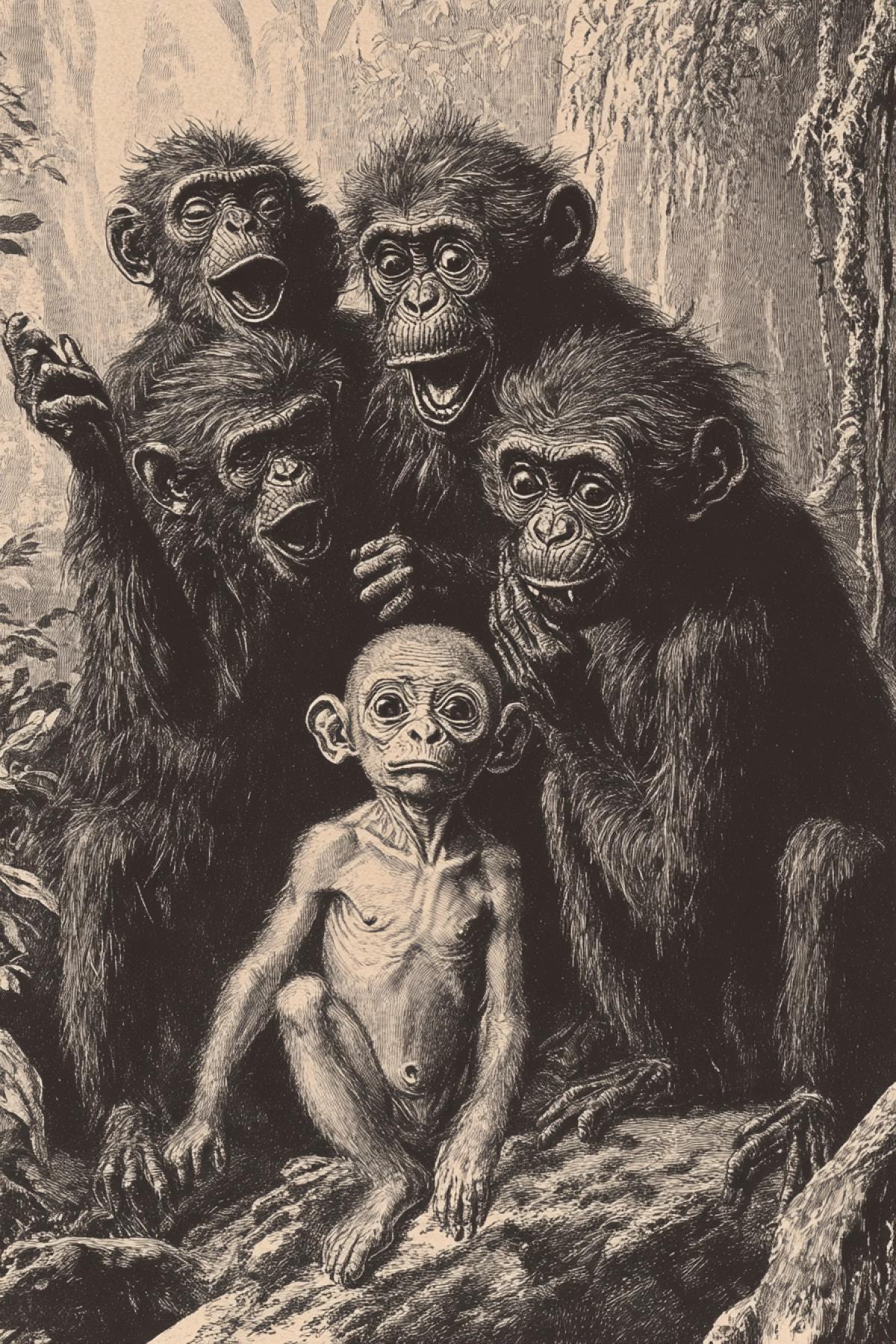 Engraving from a naturalists book. A group of hairy monkeys is mocking a completely hairless little monkey.