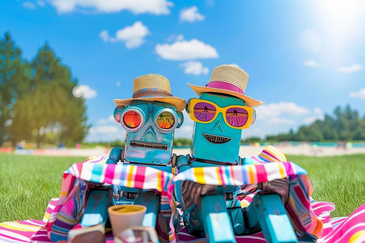 A family of robots on a picnic relaxing