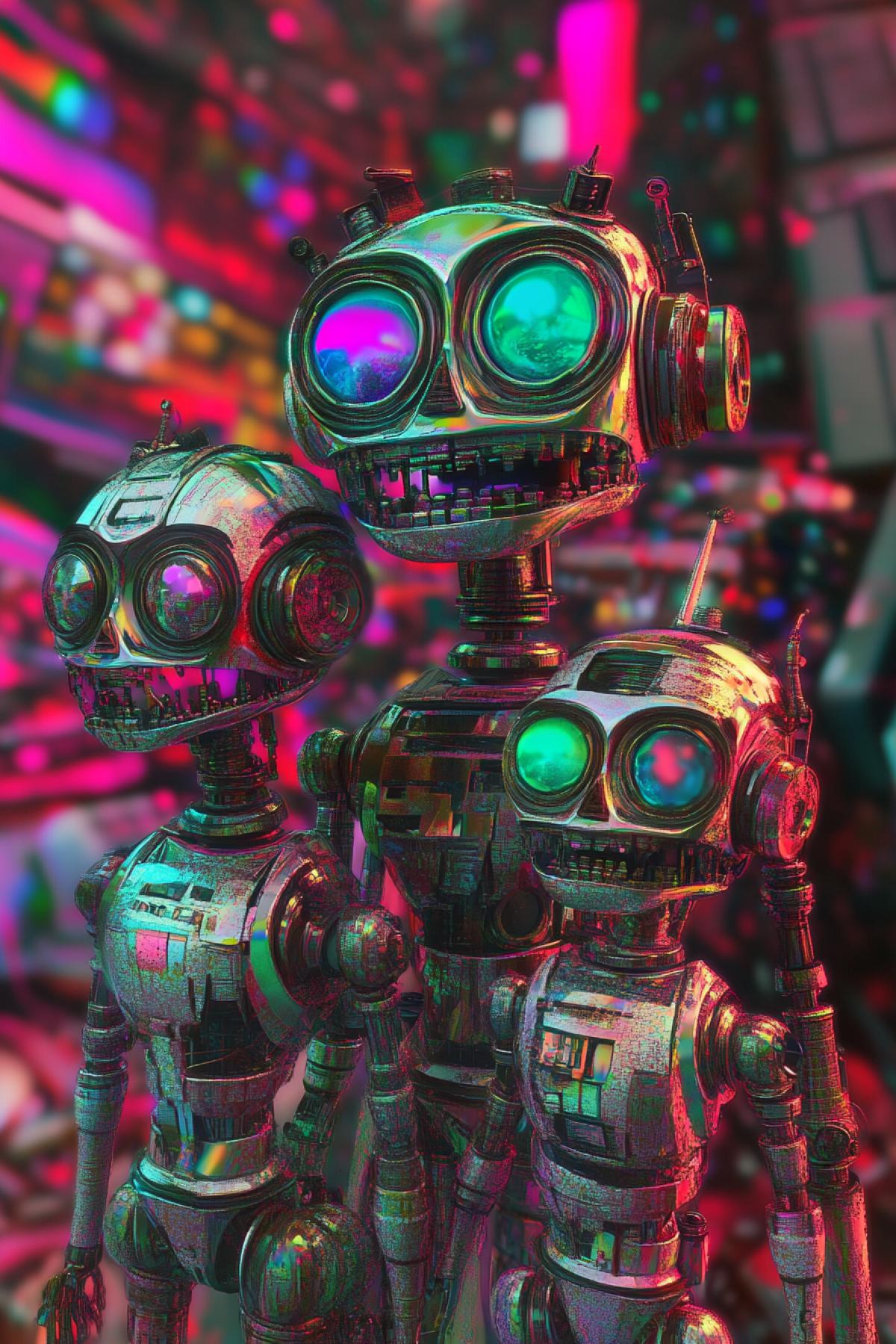 Robot family, psychedelic, madness, flickering, realistic image, photoshop