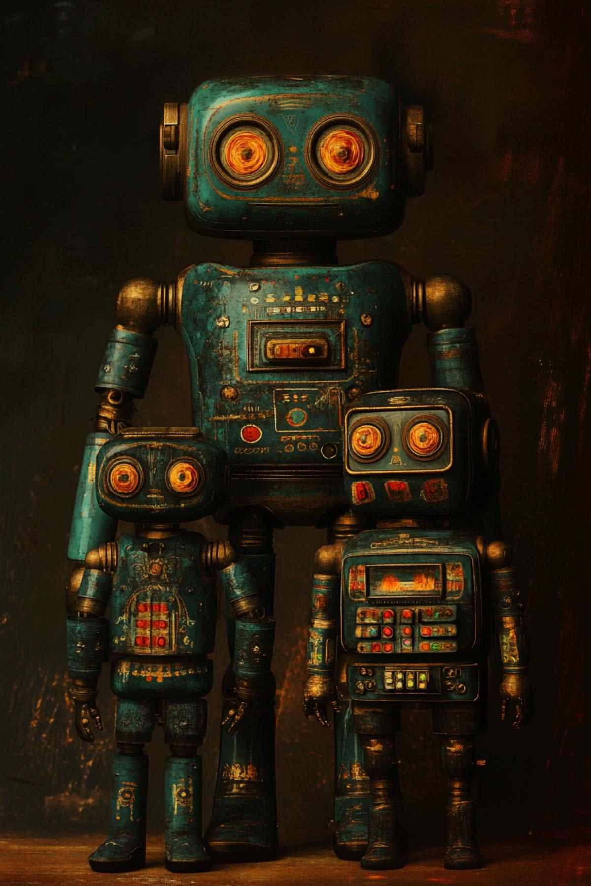 Robot family, psychedelic, madness, flickering, realistic image, photoshop