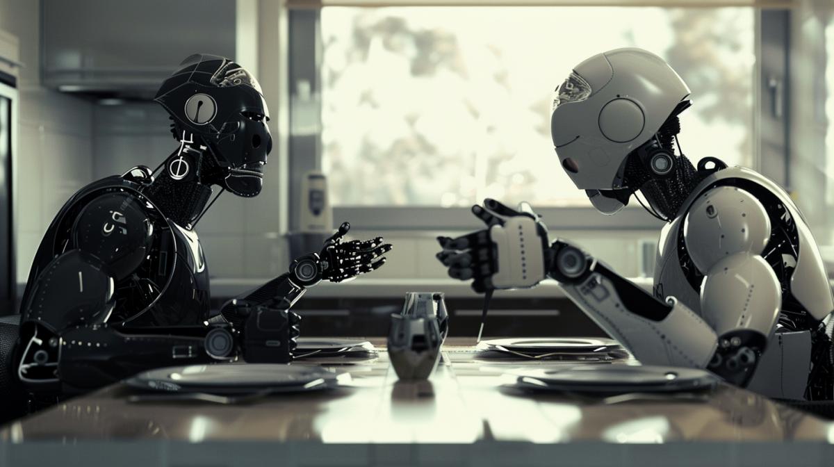 Two androids are arguing in an apartment in the kitchen