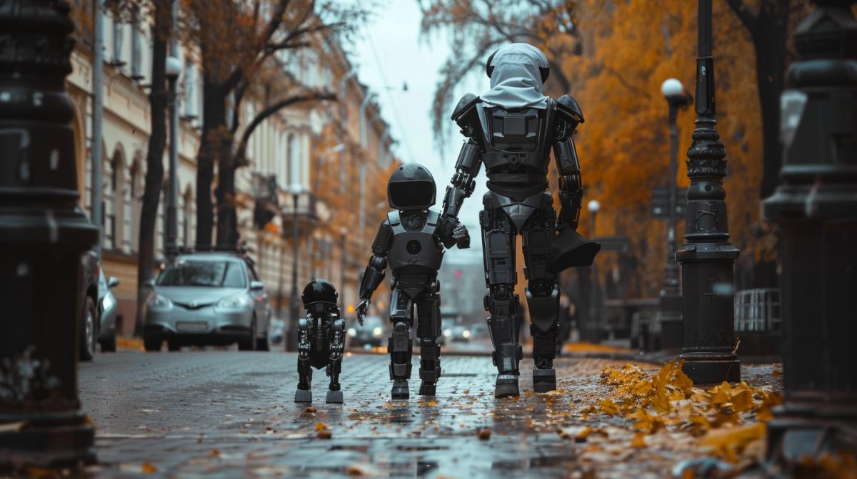 A family of androids and a robotic dog walking through the streets of St. Petersburg, autumn atmosphere, high quality photo