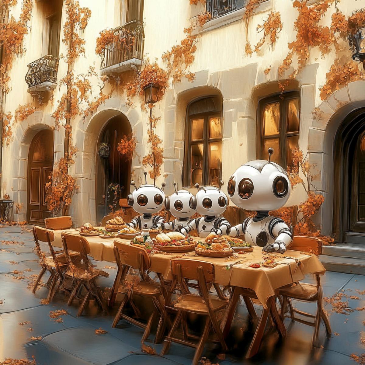 A family of anthropomorphic robots goes on a picnic.