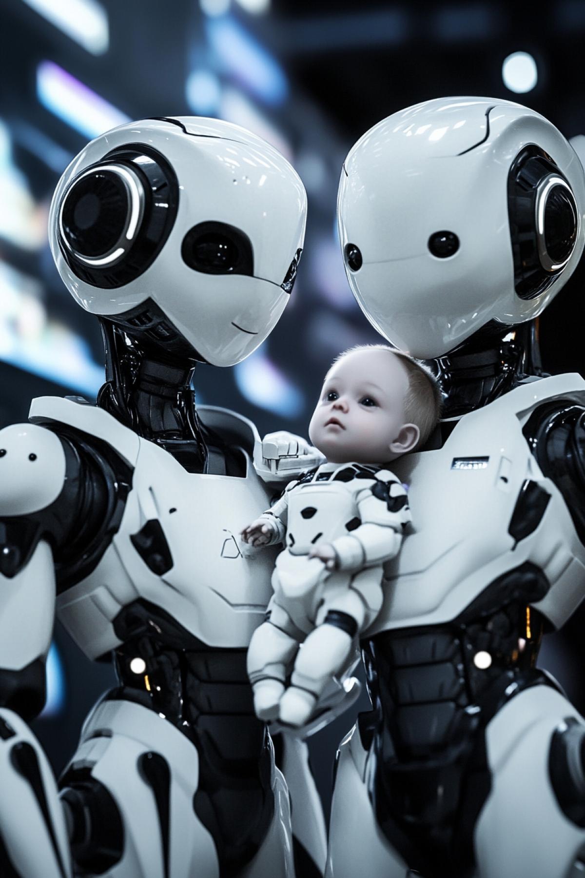 Robots couple in love on background of baby robot watching high contrast realistic photo