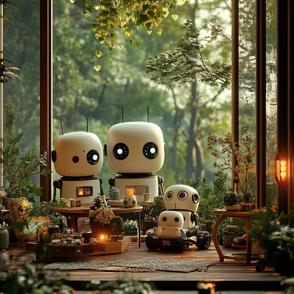 a family of robots in a cozy home environment on the veranda of a forest house
