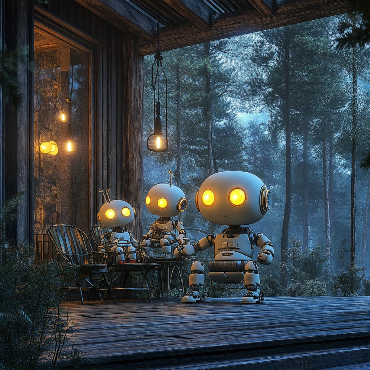 a family of robots in a cozy home environment on the veranda of a forest house