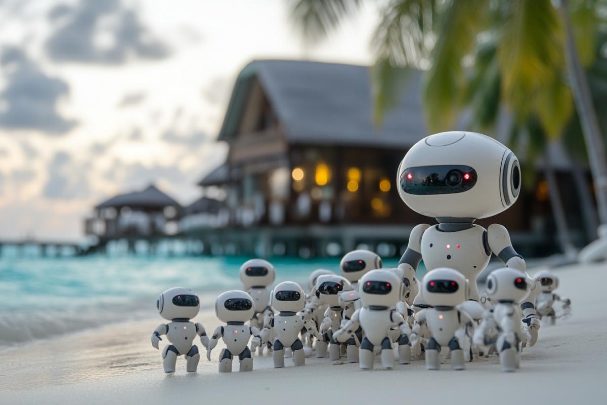 A large family of humanoid robots are having a family vacation in the Maldives.