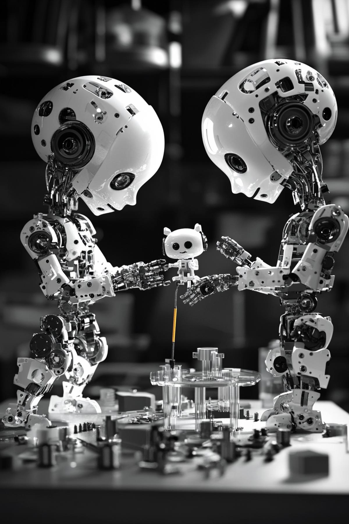 Two grown-up robots assembling baby robot of gearwheels bolts and nuts plastic glass upon workshop table gloss shine high contrast ironic illustration