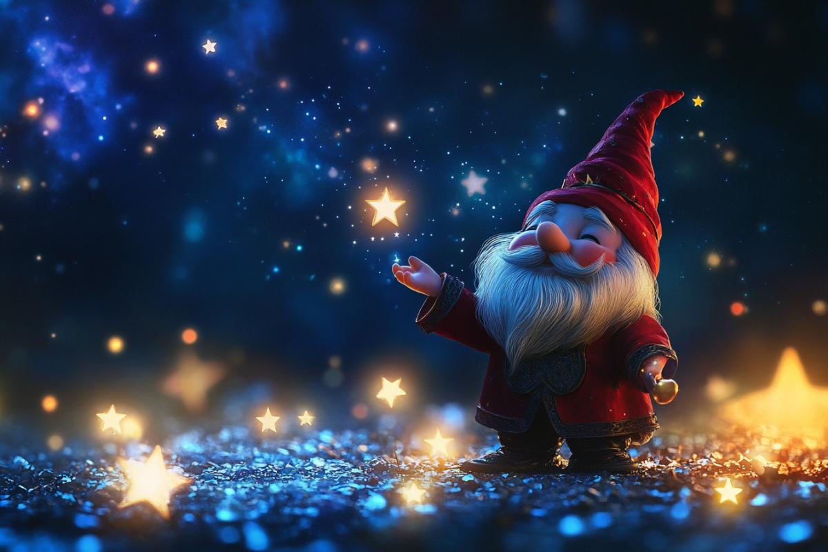 Cute space gnome catches stars in the baroque star magic galaxy