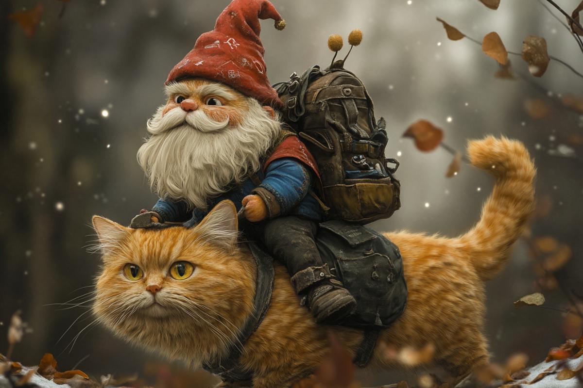 A mischievous cheerful hooligan gnome rides on a cat