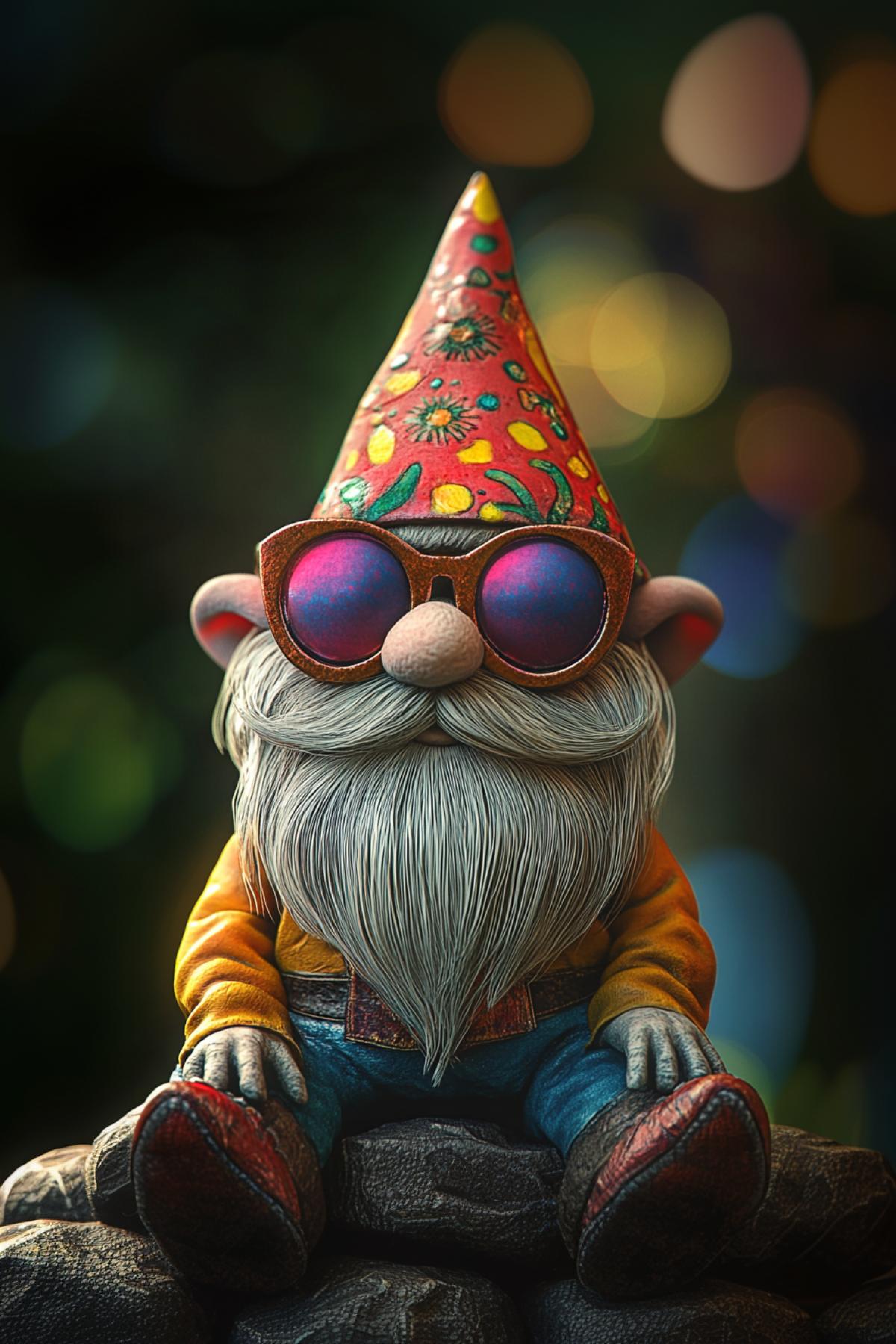 cool cheerful gnome, glam rock, psychedelic, minimalism, flicker, realistic image, flicker, photoshop
