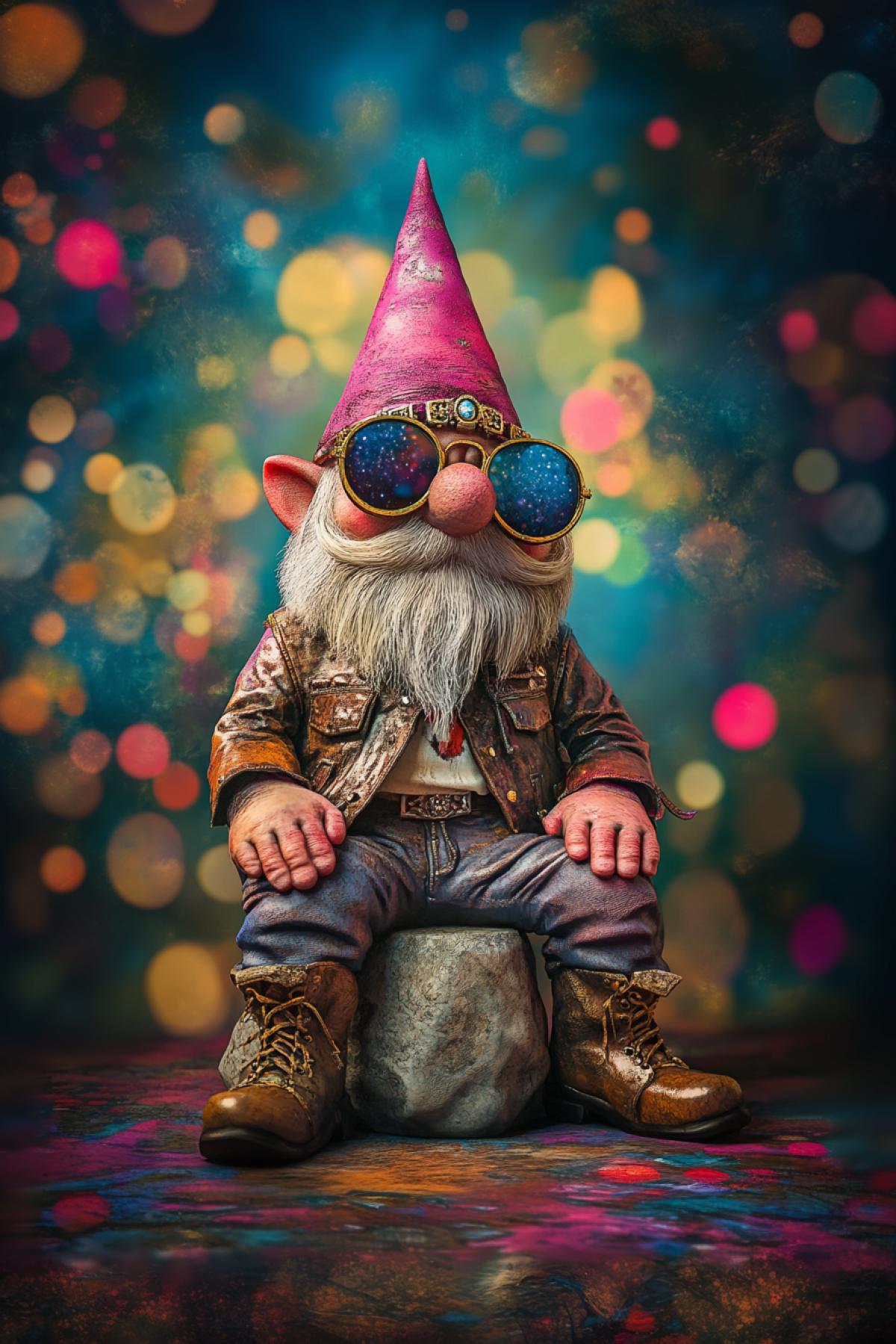 gnome in leather, glam rock, rock star, psychedelic, maximalism, realistic image, flicker, photoshop