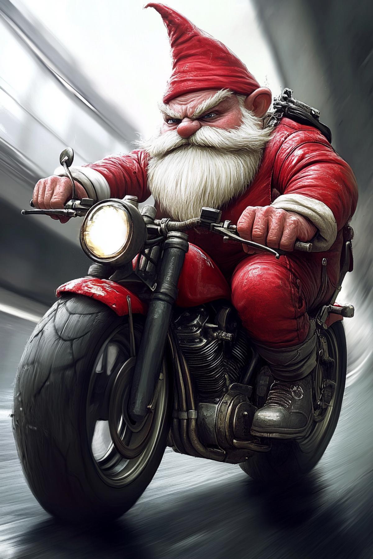 A gnome biker, riding a motorcycle on a deserted highway.